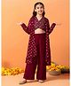 Fashion Dream Georgette Knit Floral Embroidered Sequins Embellished Crop Top & Palazzo With Full Sleeves Shrug Set - Maroon
