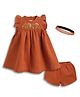Tiber Taber 100% Cotton Woven Frill Sleeves Floral Embroidered Dress With Bloomer & Headband Set - Rust