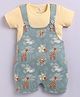 BABY GO Cotton Knit Animals Printed Dungaree With Half Sleeves Tee - Olive