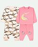 Ariel Cotton Knit Pack Of 2 Full Sleeves Whales Printed & Unicorn Embroidered Coordinating Tees & Joggers Set - Peach & Pink