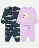 Ariel Cotton Knit Pack Of 2 Full Sleeves Sharks Printed & Rabbit Embroidered Tees & Joggers Set - Navy Blue & Purple