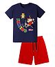 KAVEE Pure Cotton Knit Half Sleeves Skating Text Printed Biowashed Tee & Shorts Set - Navy Blue & Red