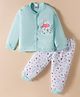 Mini Donuts Sinker Knit Full Sleeves Night Suit With Animal Print - Sea Green