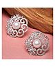 Zeneme Rhodium Plated Silver Toned American Diamond Studded Flower-Shaped Pearl Stud Earrings-8 g