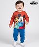 Babyhug Disney Single Jersey Terry Full Sleeve T-Shirt with Jogger Set With Mickey and Friends Graphic - Rust Orange & Blue