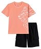 Funkrafts Premium Cotton Knitted Half Sleeves Lion Geometric Designed Tee & Shorts Set - Peach & Black