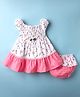 Dew Drops Cotton Knit Half Sleeves Frock with Bloomer Smock Detailing & Bow Applique - White & Pink