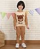 Polka Tots Cotton Knit Full Sleeves Colour Blocked Teddy Bear Textured Sweatshirt With Solid Pocket Detailed Joggers Set - Brown