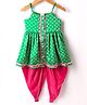 Saka Designs Woven Sleeveless Kurti Dhoti Set with Bandhani Print & Lace Detailing - Green & Dark Pink