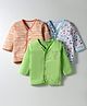 OHMS Single Jersey Knit Full Sleeves Front Open Jhablas with Stripe & Travel Print Pack of 3 - White Light Green & Light Orange