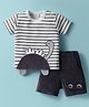 Mom's pet Cotton Knit Half Sleeves Striped & Dino Embroidered Tee With Shorts Set - Grey