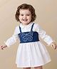 Babyoye 100% Cotton Woven Full Sleeves Shirt Dress With Denim Top & Butterfly Patch Embroidery - White & Blue