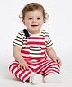 Bonfino 100% Cotton Knit Half Sleeves T-Shirt & Dungarees Set with Stripes - White Red & Grey