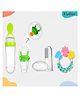 Kritiu Baby Silicone Squeezy Food Feeder Bottle With Spoon Rattle Teether Soft Silicone Finger Toothbrush and Silicone Rattle Fruit And Food Nibbler -(Pack of 4) Green