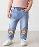 Little Kangaroos Full Length Washed Denim Jeans with Lion Patch Detailing - Light Blue