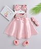Many frocks & Satin Woven Sleeveless Sequins Embellished Bow Applique Detailed Dress With Headband Mittens & Booties - Pink