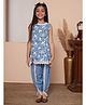 ADORNIA Cotton Knit Sleeveless Floral Printed Lace Detailed Coordinating Kurti Dhoti With Hair Clip Set - Blue