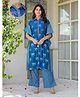 Aujjessa Cotton Woven Half Batwing Sleeves Dragonflies Printed Maternity Kurti With Front Open Nursing Access & Coordinating Pant Set - Indigo Blue