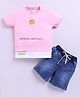 KIDZELLO Cotton Knit Half Sleeves Contrasts Contrasts Text Printed Tee & Shorts Set - Pink