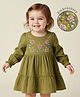 Babyoye 100% Cotton Woven Full Peasant Sleeves Frock with Floral Embroidery - Olive Green