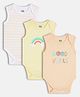 MINI KLUB Cotton Knit Pack Of 3 Sleeveless Striped & Typography Printed Onesies - Yellow Peach & White