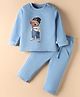 WOW Looper Knit Full Sleeves T-Shirt & Lounge Pant Set with Bear Print - Light Blue