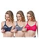 Lovely Mom's Cotton Lycra Knit Pack Of 3 Solid Non Padded Maternity Bras With Nursing Access - Multi Colour