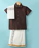 Dapper Dudes Half Sleeves Textured Shirt & Abstract Printed Mundu Lungi With Angavastram Set - Brown