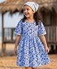 Kookie Kids Cotton Woven Butterfly Half Sleeves Front Open Frock With Floral Print & Lace Detailing - Blue & White