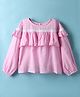 Kookie Kids Cotton Woven Full Sleeve Top with Neck Frill and Lace Detailing - Pink