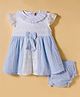 ToffyHouse Cotton Woven Half Frill Sleeves Schiffli Frock With Bow Applique & Bloomer - White & Light Blue