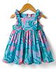 ToffyHouse Cotton Woven Sleeveless Frock with Floral Print & Frill Detailing - Light Blue
