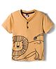 Teddy Sinker Knit Half Sleeves Henley Neck T-Shirt With Lion Print - Khaki