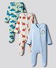 Bonfino 100% Cotton Kit Full Sleeves Footed Sleep Suits with Dino Print Pack of 3 - Light Blue Off White & Green