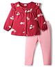 Babyhug Single Jersey Knit Full Sleeves Top and Leggings Set with Front-Buttons Floral Print & Frill Detailing - Maroon & Pink