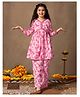 Fashion Dream Cotton Blend Woven Three Fourth Sleeves Floral Printed Lace Detailed Coordinating Kurti Palazzo Set - Pink