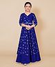 Fashion Dream Cotton Blend Woven Three Fourth Sleeves Floral Printed & Gota Lace Embellished Layered Dress - Blue