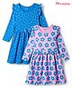 Honeyhap Premium 100% Cotton Knit Full Sleeves Floral Print Frocks with Bio Finish & Bow Applique Pack of 2 -Bonbon & Blue Aster