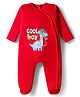 Doodle Poodle Interlock Knit Footed Full Sleeves Sleepsuit With Dino Print - Red