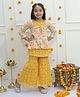 Ka-mee Cotton Woven Floral Printed Gota Lace Embellished Kurti & Sharara With Three Fourth Sleeves Jacket Set - Yellow