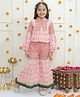 Ka-mee Cotton Woven Full Sleeves Floral Printed Gota Lace Embellished Kurti & Coordinating Sharara Set - Pink