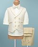 Rikidoos Full Sleeves Striped 3 Piece Party Suit With Bow Set - White & Beige