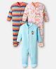 Kidi Wav Pack Of 3 Full Sleeves Striped & Animals Printed Sleepsuits - Multi Colour