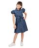 Olele Cotton Denim Woven Half Puffed Sleeves Solid Shirt Dress - Blue