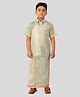 THANGAMAGAN Viscose Woven Half Sleeves Solid Shirt & Foil Striped Self Attaching Dhoti Set - Pear Green