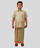 THANGAMAGAN Viscose Woven Half Sleeves Solid Shirt & Foil Striped Self Attaching Dhoti Set - Light Olive