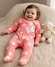 Babyoye 100% Cotton Knit Full Sleeves Footed Sleepsuit With Polka Dots & Rabbit Embroidery Patch - Pink