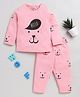 Clt.s Cotton Knitted Full Sleeves Hello Text & Animal Face Printed Coordinating Night Suit Set - Pink