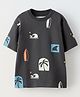 ALAN JONES Cotton Blend Knit Half Drop Shoulder Sleeves Beach Theme Printed Oversized Tee - Charcoal Grey