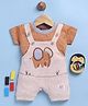Jb Club Cotton Knit Striped & Elephant Embroidered Dungaree With Half Sleeves Tee - Brown